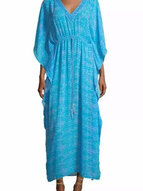 Letarte Hand Made Aqua Mermaid Scale Sequin V Neck Maxi Kaftan Coverup M